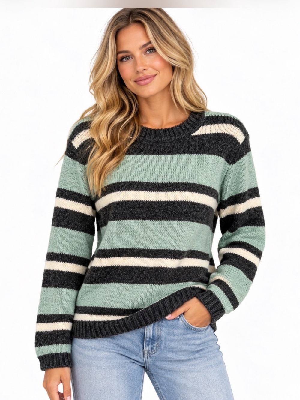 B.young BYOSA Blue Surf Mix Mint, Gray & Cream Striped Fuzzy Crew Sweater NWT S